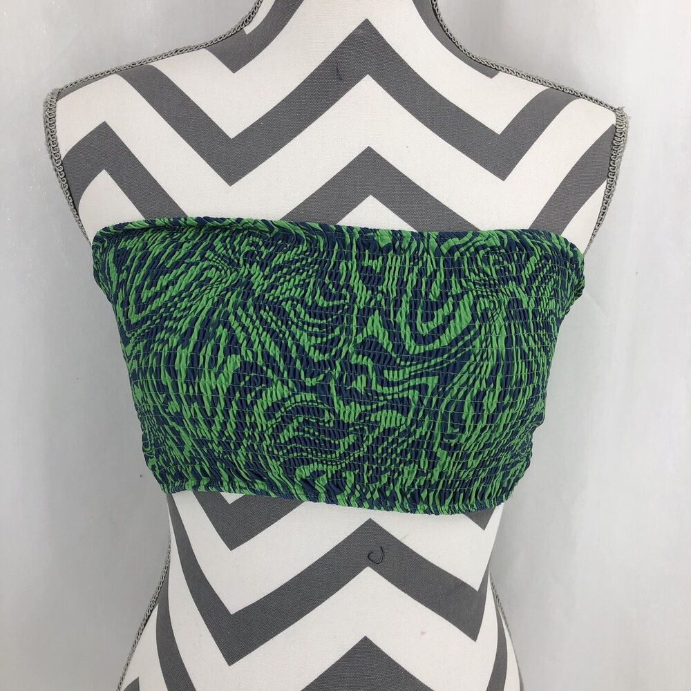 Topshop Smocked Green Blue Swirl Bandeau Bikini Swim Tube Top 04R26QGRN US 4 NWT